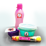 Pink water bottle with red, white and black milk allergy label, green bowl with red, white and black wheat allergy label, purple snack size bowl with lid partially opened and red, black and white peanut allergy label, epi pen with orange tip and pink allergy label
